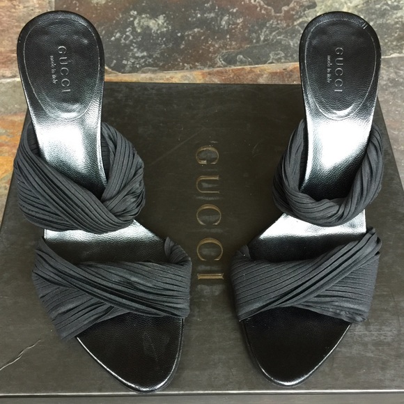 Gucci Black Pleated Rose Gold Bamboo Sandal Heels