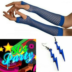 80s Party Fishnet Gloves & Lightning Bolt Earrings