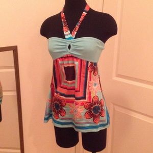 Bebe silk and spandex blue tie blouse rare design