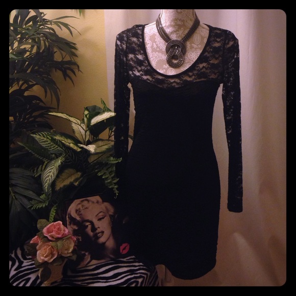 Long sleeve floral lace top mini black dress