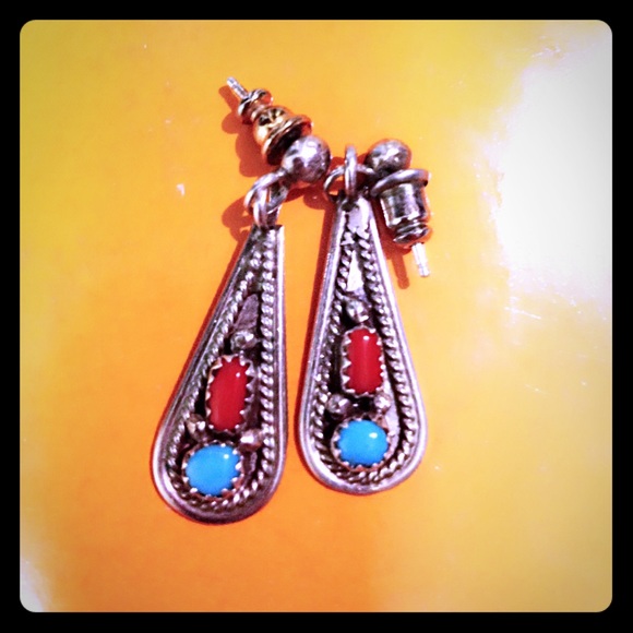SALE Sterling Silver Turquoise Coral Drop Earrings