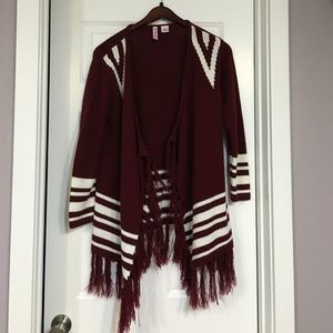 Maroon and White Fringed Cardigan