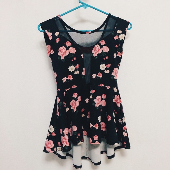 Floral Fit and Flare Top with Meshed V-Neck - Picture 1 of 2
