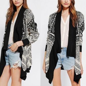 Black Tan Geometric Drape Open Longline Cardigan