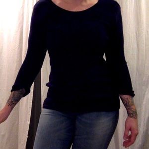 3/4 length fitted navy sweater with scoop back