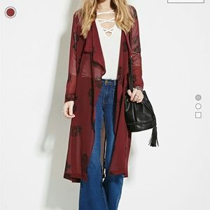 NWOT Forever 21 Red Sheer Floral Longline Kimono