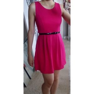 Hot Pink Belted Pleated A-line Skater Flare Dress