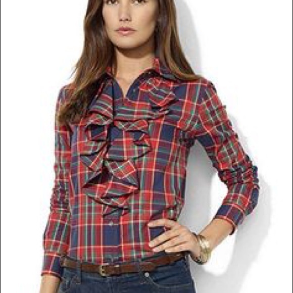 GREEN Ralph Lauren ruffle flannel button down