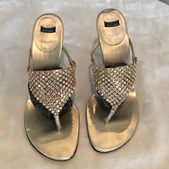 Stuart Weitzman Brushed Gold Thong Heel w/Crystals