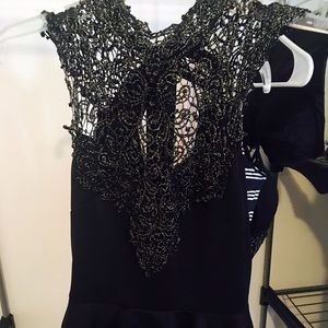 Black Peplum Dress With Gold Lace