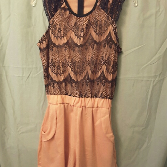 Peach Romper, Black Lace Over Peach, No Labels