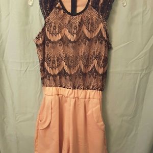 Peach Romper, Black Lace Over Peach, No Labels