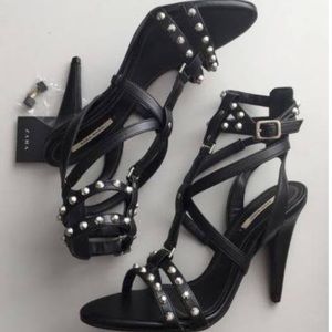 Zara Black Studded Heels Sz 38 BNWT