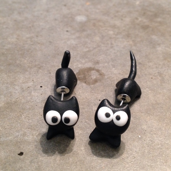 Kitty impalement earrings- black polymer clay cats