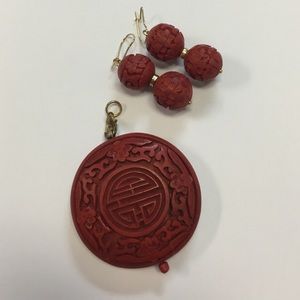 Vintage Cinnabar hand carved pendant & earrings