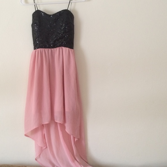 Pink and black sequined, strapless, hi-low dress