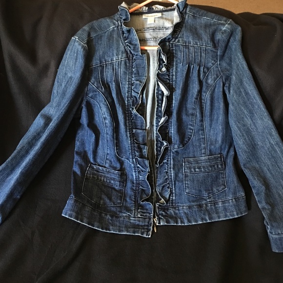 Dress Barn Jean zip up jacket with Ruffle detail