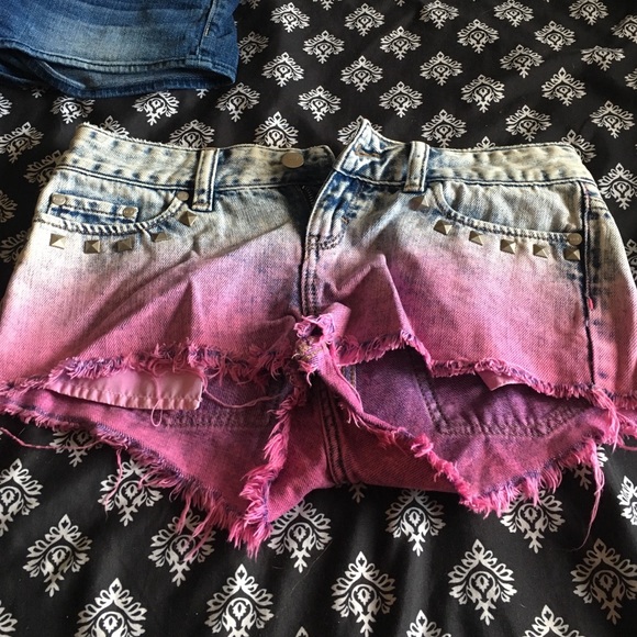 Pink and light gray denim shorts
