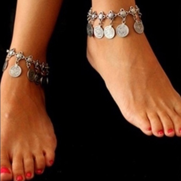 Boho Tassel Coin Silver Anklet Bracelet Set of 2 - Picture 2 of 4