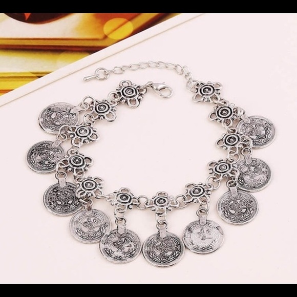Boho Tassel Coin Silver Anklet Bracelet Set of 2 - Picture 4 of 4