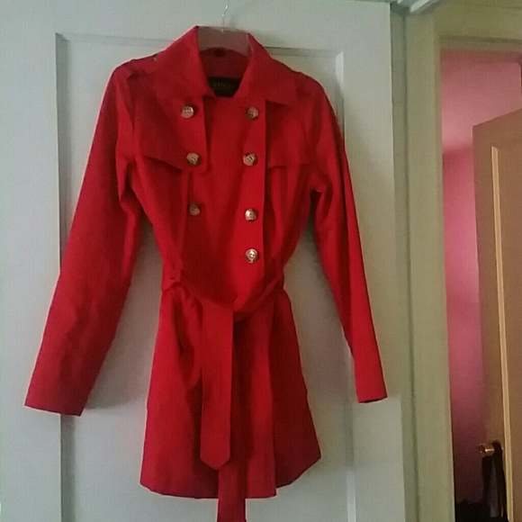 GUESS Red Tiered Double Breasted Trench