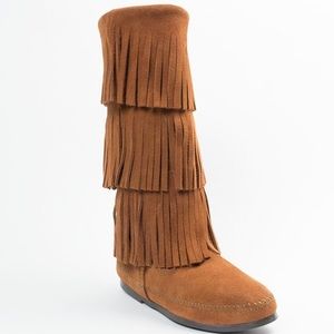 Tall Chestnut Minnetonka Fringe Boots