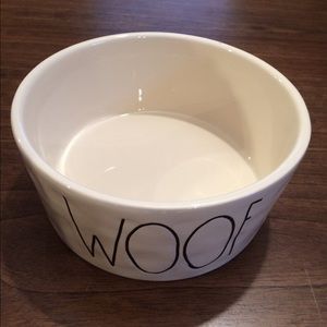 Rae Dunn WOOF dog food bowl.