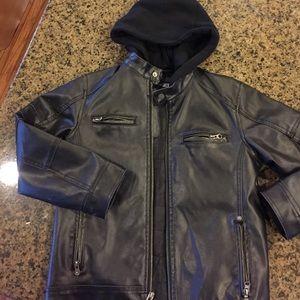 Boys black leather jacket with removable hood