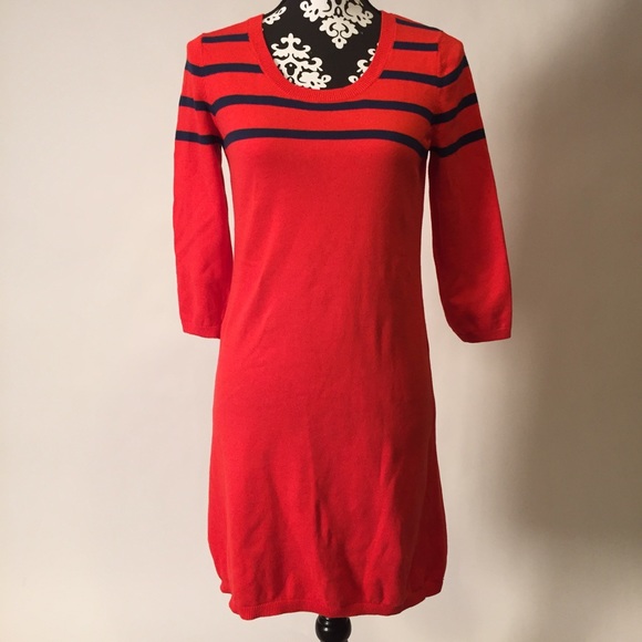 Red sweater dress with navy stripes.