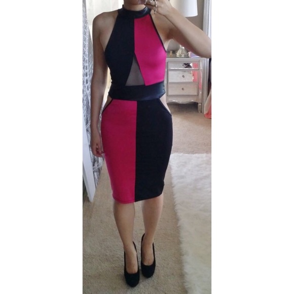 Fuchsia Half Colorblock Mesh Cutout Midi Dress M - image 1