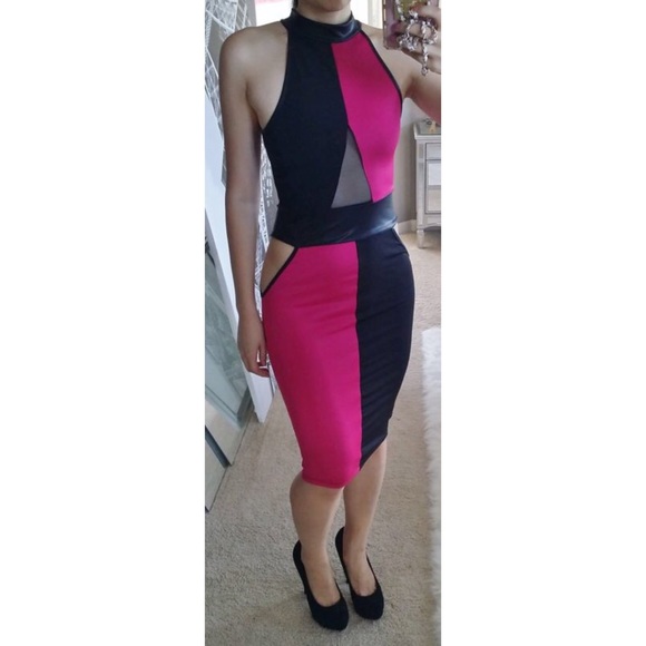 Fuchsia Half Colorblock Mesh Cutout Midi Dress M - image 2