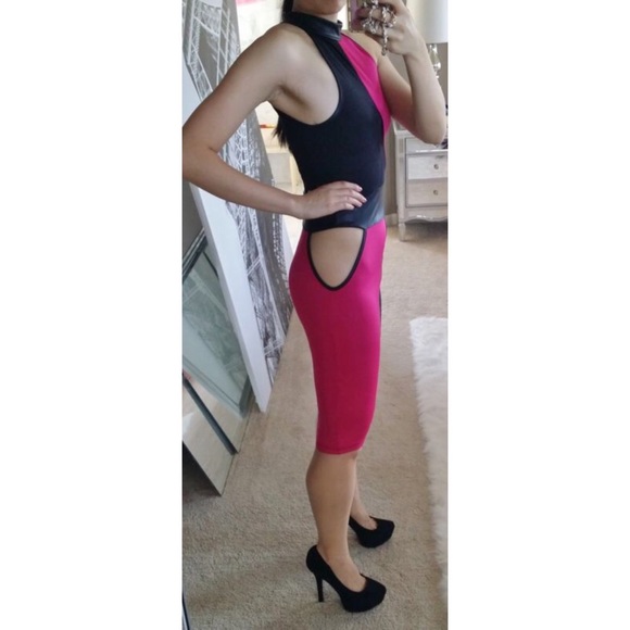 Fuchsia Half Colorblock Mesh Cutout Midi Dress M - image 3