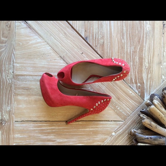 Red suede peep toe high heels