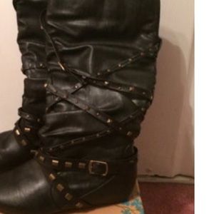 black faux leather bamboo boots