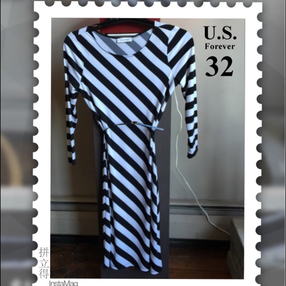 Calvin Klein Dresses & Skirts - Calvin Klein Black White Striped Belted Dress