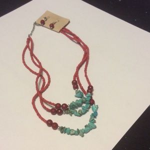 Turquoise and red necklace and earrings