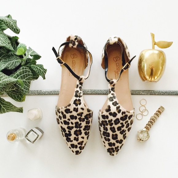 Shoes - Leopard Print Faux Calf Hair Ankle T-Strap Flats