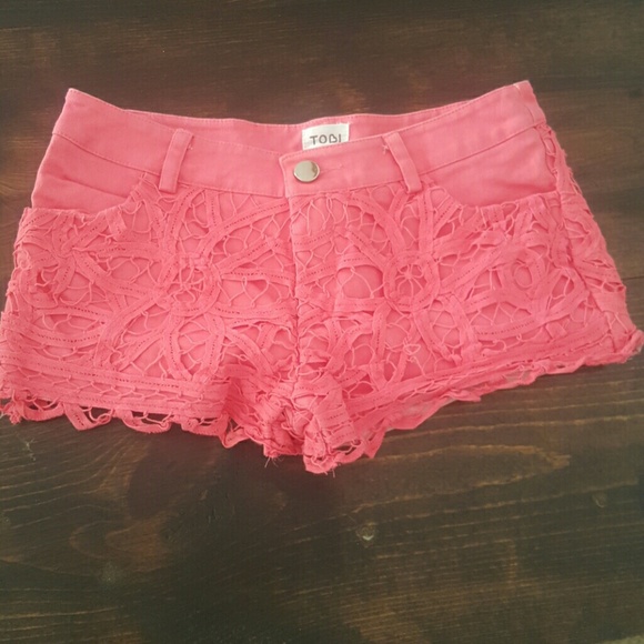 Lace overlay coral shorts