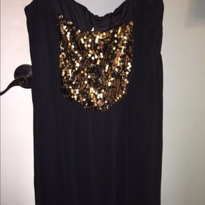 Strapless Knee length black/gold sequined dress