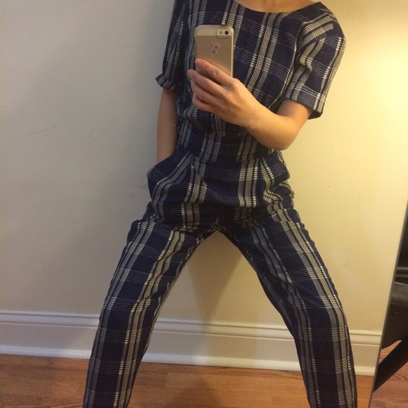 Madewell Blue Plaid Tie-waisted Jumpsuit