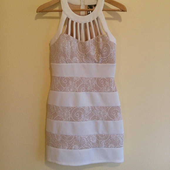 Caged Neckline Nude/Cream Bodycon Dress - Picture 1 of 3