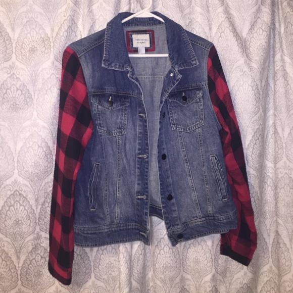 jean jacket with plaid sleeves
