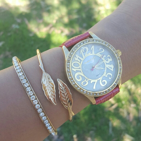 Women's Red Faux leather Strap Gold Glitz Watch