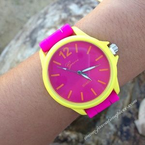 Women's Hot Pink yellow Silicone Sport Watch