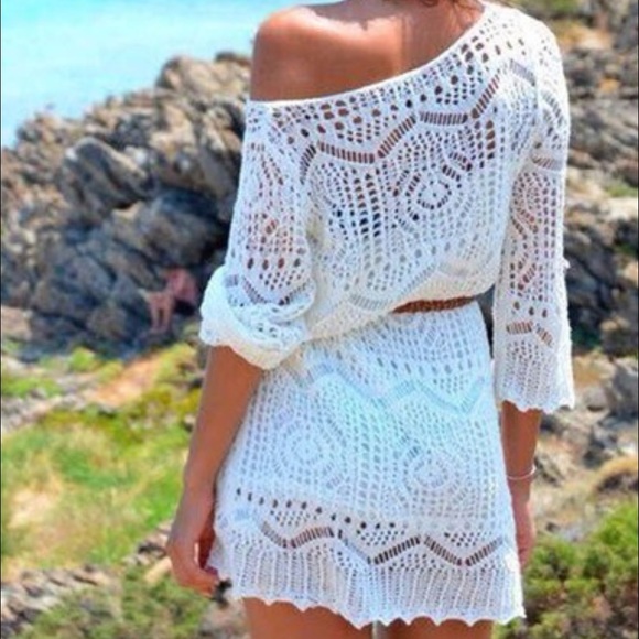 sexx woman hollow out white lace beach dress