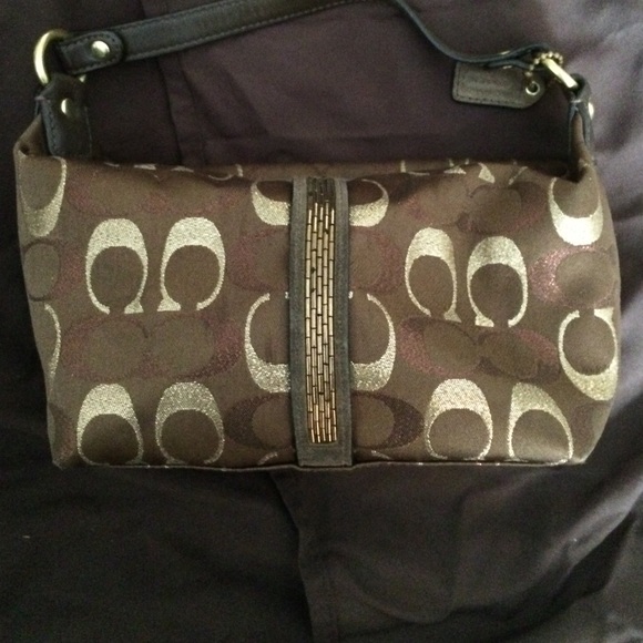 Brown and gold small coach bag