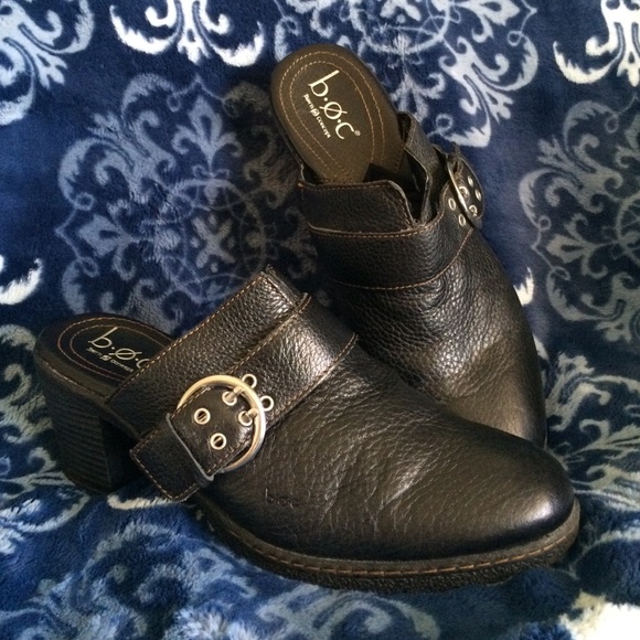 Black leather Born heeled clogs