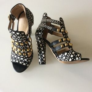 Zara black and white strappy gold studded heels