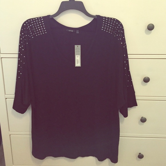 Apt 9 black v neck top with studded details.