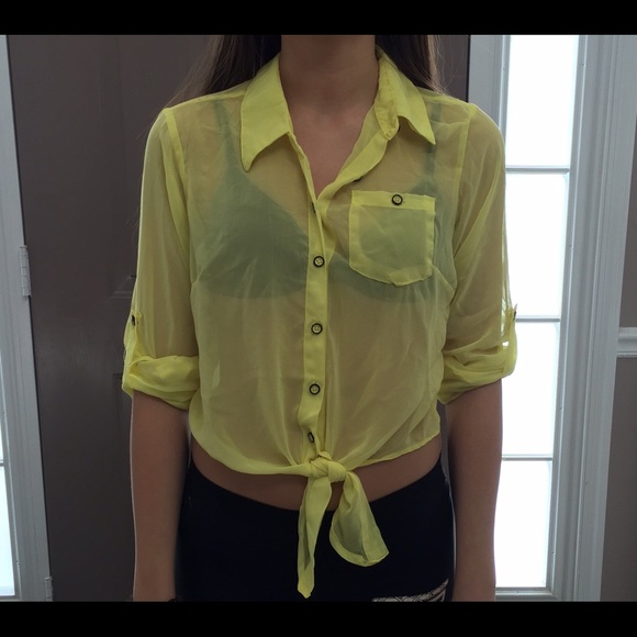 Highlighter Yellow Button Down Blouse - Picture 1 of 1